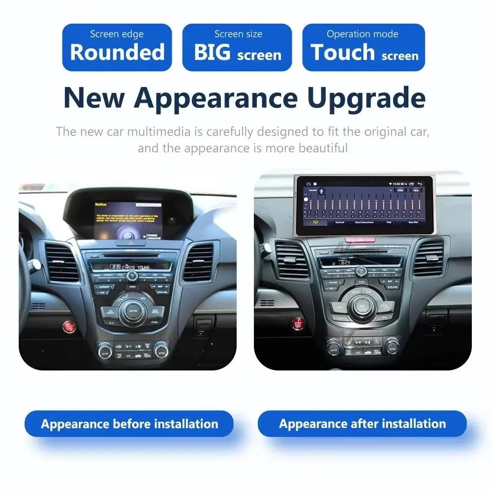Comparison showing Acura RDX dashboard before and after upgrading to a 12.3-inch touchscreen multimedia system.