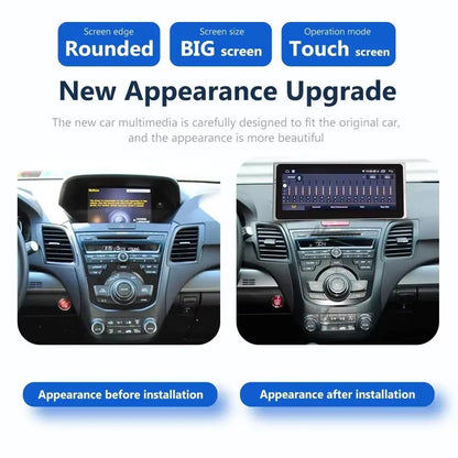 Comparison showing Acura RDX dashboard before and after upgrading to a 12.3-inch touchscreen multimedia system.