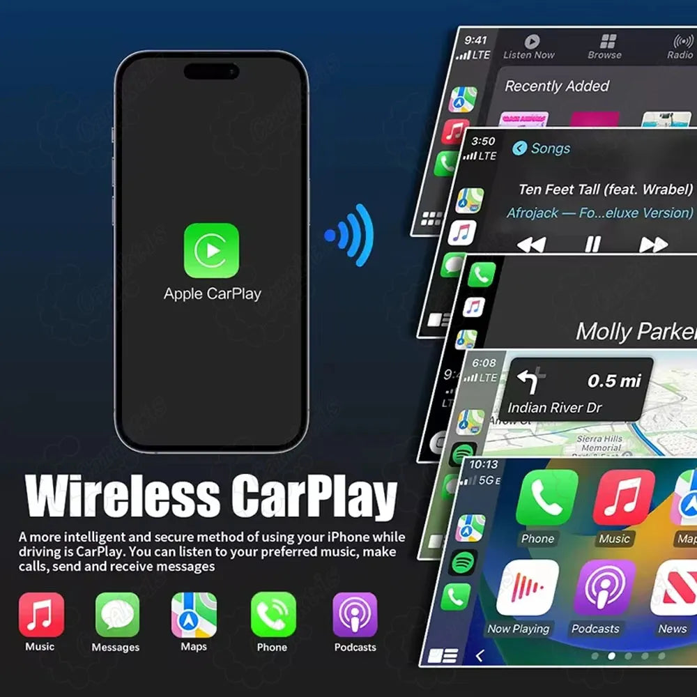 Wireless Apple CarPlay interface showing music, messages, maps, and phone apps on Acura navigation screen.