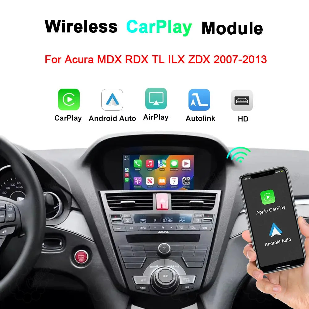 Wireless CarPlay and Android Auto retrofit module for Acura MDX RDX TL ILX ZDX 2007-2013 dashboard display.
