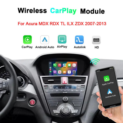 Wireless CarPlay and Android Auto retrofit module for Acura MDX RDX TL ILX ZDX 2007-2013 dashboard display.