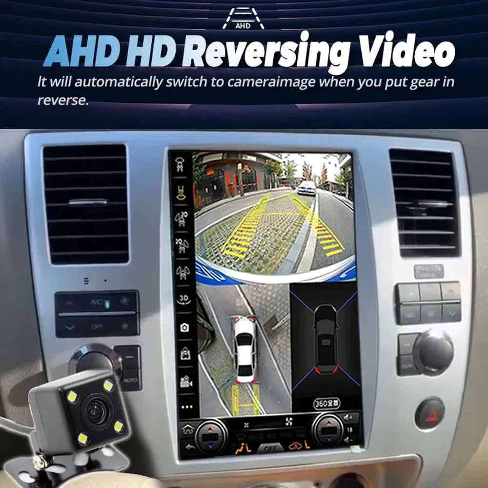 AHD HD rear view camera display and 360-degree parking reverse video system on 12.1-inch car screen.