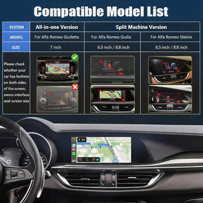 Compatible model list and screen size guide for Alfa Romeo CarPlay retrofit, showing All-in-one 7-inch version for Giulietta and Split Machine 6.5-inch or 8.8-inch versions for Giulia and Stelvio.