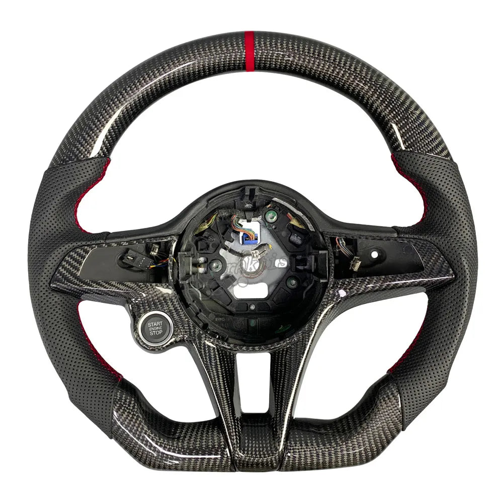 A custom carbon fiber steering wheel designed specifically for Alfa Romeo, featuring a high-gloss carbon fiber finish, perforated leather wrapping on the sides with contrasting red stitching, and a flat-bottomed D-shaped design.
