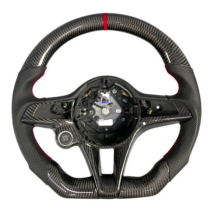A custom carbon fiber steering wheel designed specifically for Alfa Romeo, featuring a high-gloss carbon fiber finish, perforated leather wrapping on the sides with contrasting red stitching, and a flat-bottomed D-shaped design.