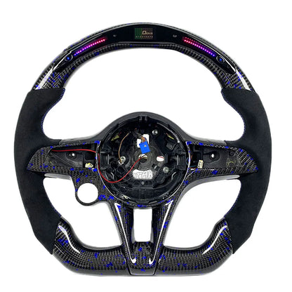 Ultimate Alfa Romeo upgrade: Custom forged carbon fiber steering wheel featuring an integrated LED race display and black Alcantara grips. Racing soul meets modern technology.