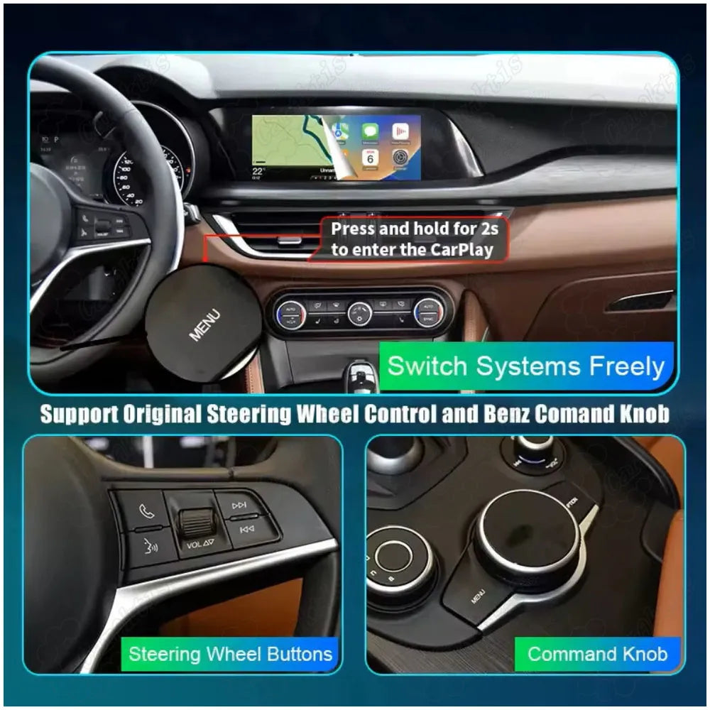Demonstration of switching to the CarPlay system by pressing the menu button for 2 seconds, supporting original Alfa Romeo steering wheel buttons and command knob controls.