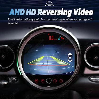 AHD HD reversing video interface with parking grid lines on Android 13 Car Radio for BMW Mini Cooper.
