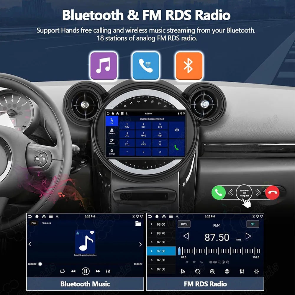 Bluetooth hands-free calling and FM RDS radio interface on Android 13 car stereo for BMW Mini Cooper.