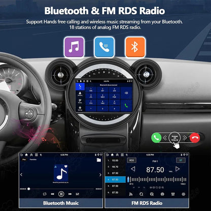 Bluetooth hands-free calling and FM RDS radio interface on Android 13 car stereo for BMW Mini Cooper.