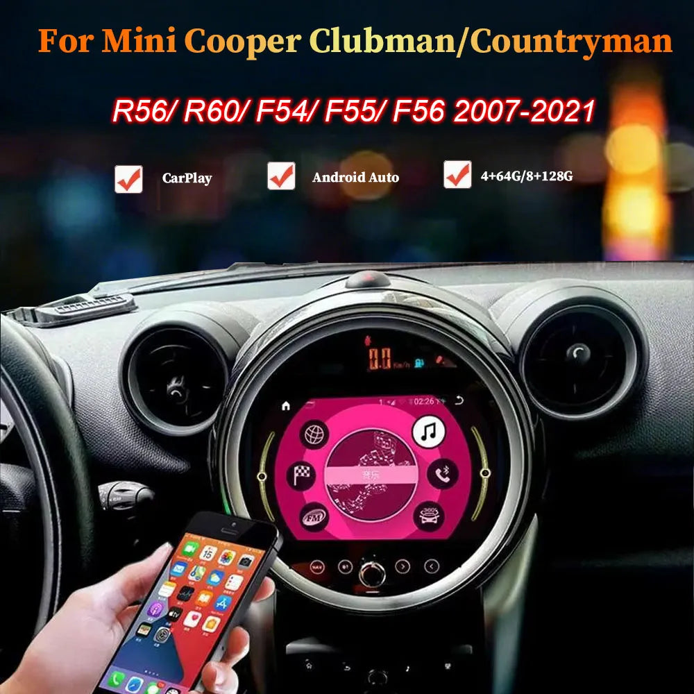 Android 13 Car Radio Display installed in BMW Mini Cooper Clubman Countryman dashboard featuring CarPlay and Android Auto compatibility.