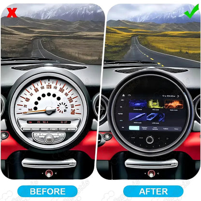 Before and after comparison of installing the Android 13 Car Radio screen upgrade in BMW Mini Cooper dashboard.