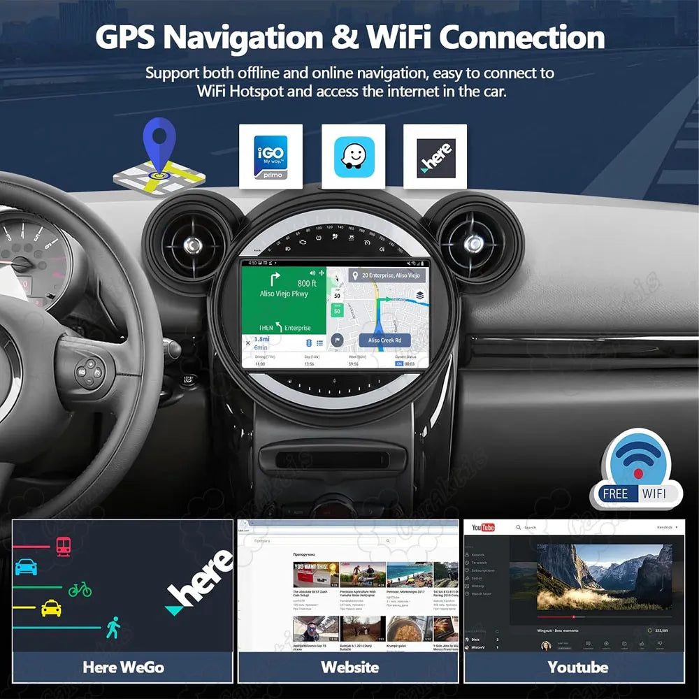 GPS navigation map display and WiFi connectivity options on Android 13 head unit for BMW Mini Cooper.