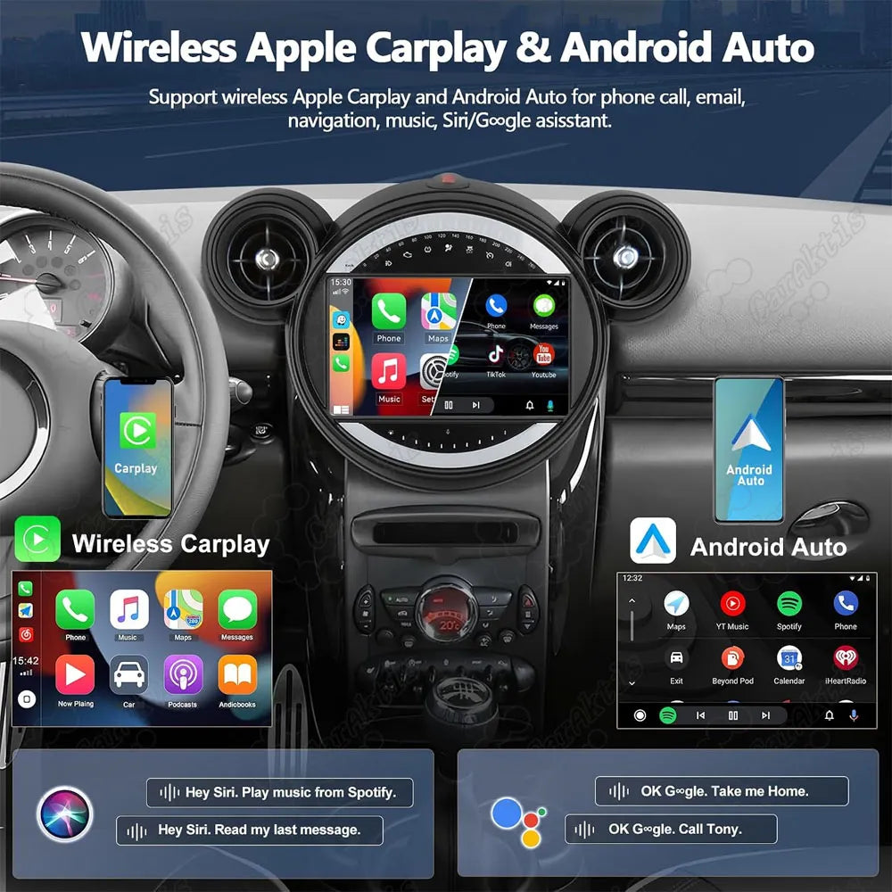 Wireless Apple CarPlay and Android Auto interface on Android 13 Car Radio for BMW Mini Cooper R56 R60 F54 F55 F56.