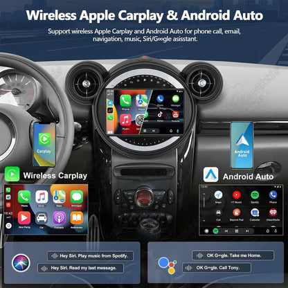Wireless Apple CarPlay and Android Auto interface on Android 13 Car Radio for BMW Mini Cooper R56 R60 F54 F55 F56.