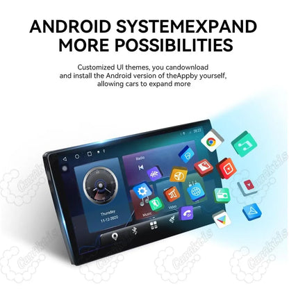 Android OS user interface with downloadable app icons on 12.3-inch touchscreen multimedia player