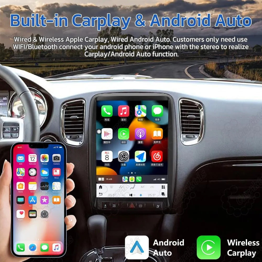Large vertical touchscreen car stereo showing Apple CarPlay and Android Auto interface connected with a smartphone.