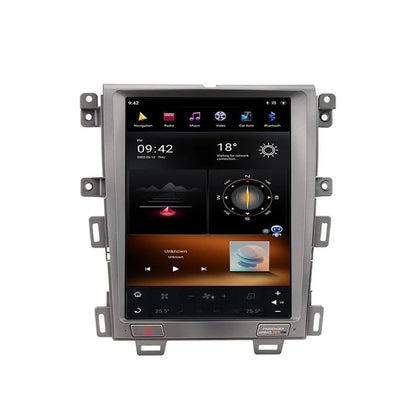 Vertical touchscreen Android car multimedia head unit with custom bezel frame.
