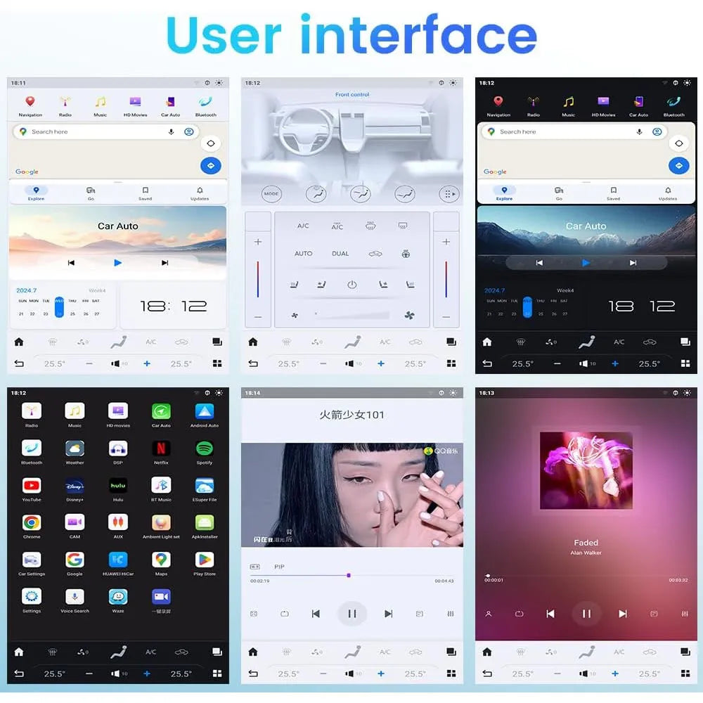Multiple UI themes including light and dark mode, climate control, and split-screen video display