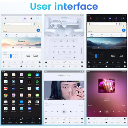 Multiple UI themes including light and dark mode, climate control, and split-screen video display