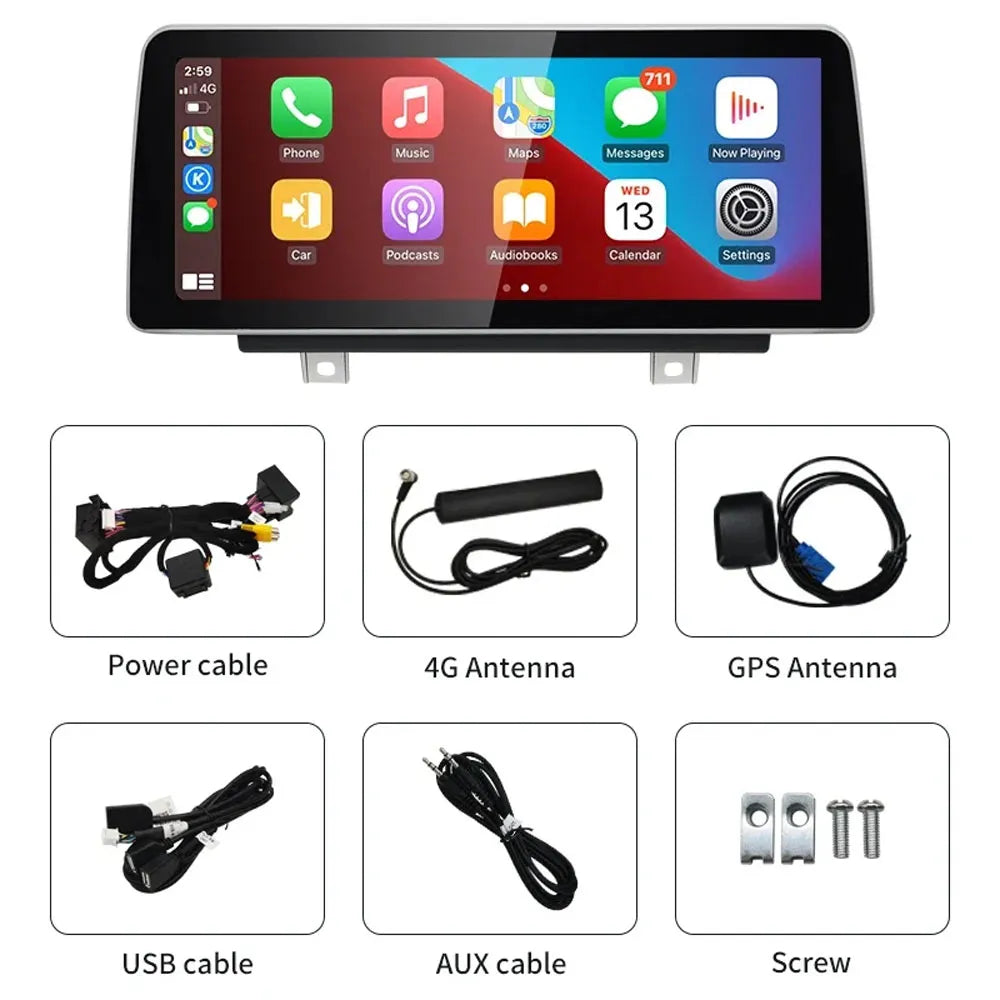 Android car screen along with package accessories including power cable, 4G antenna, GPS antenna, USB cable, AUX cable, and screws.