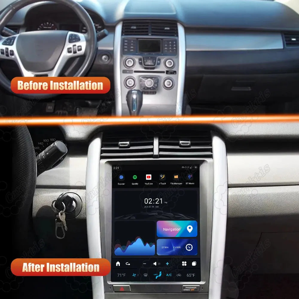 Before and after installation comparison of factory radio and vertical Android touchscreen car stereo.