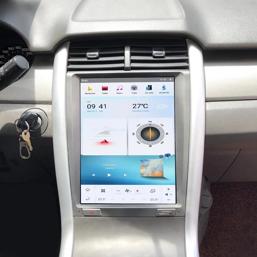 Vertical screen Android car stereo installed in dashboard showing navigation and climate control interface.