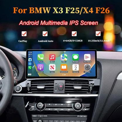 10.25-inch Android Multimedia IPS Screen upgrade installed in BMW X3 F25 and X4 F26 dashboard displaying Apple CarPlay.