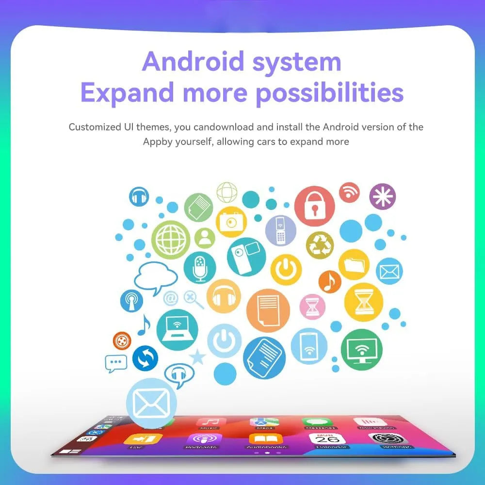 Android operating system display highlighting customizable UI themes and downloadable apps.