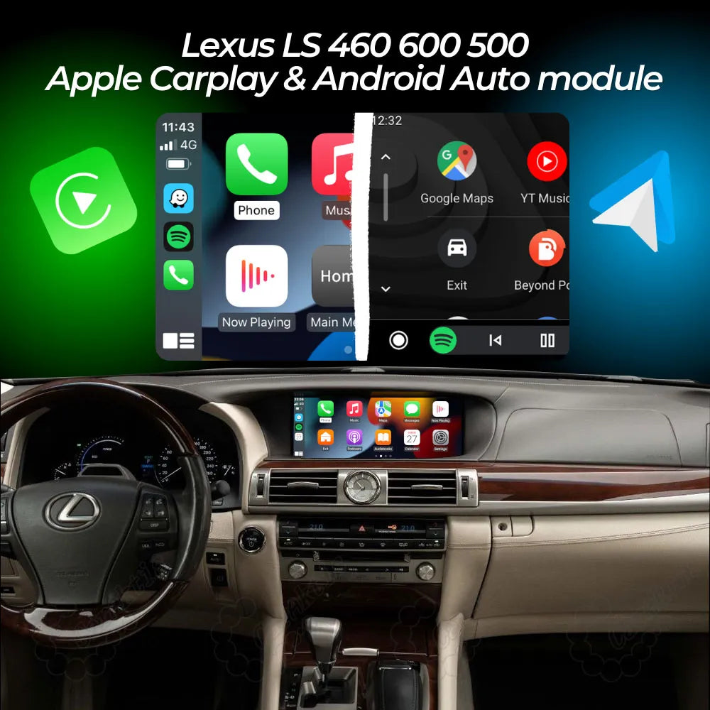 Apple CarPlay and Android Auto interface on 12.3-inch touchscreen for Lexus LS460, LS600, and LS500.
