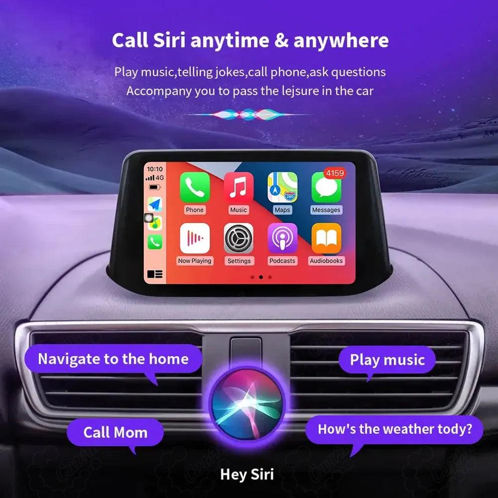 Using Siri voice commands for hands-free navigation, phone calls, and music playback via Mazda wired CarPlay.