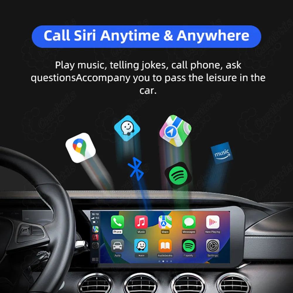 Hands-free voice control interface featuring Siri on Aston Martin display screen, showcasing support for navigation, phone calls, and music apps like Spotify.