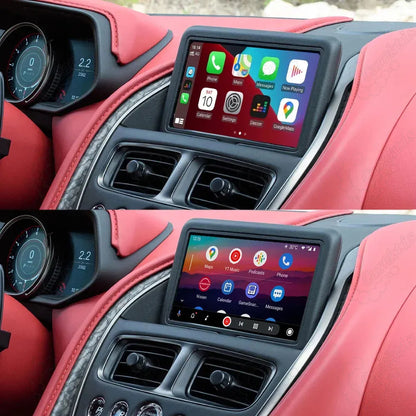 Split view of Aston Martin dashboard screen displaying Apple CarPlay interface on top and Android Auto menu on the bottom.