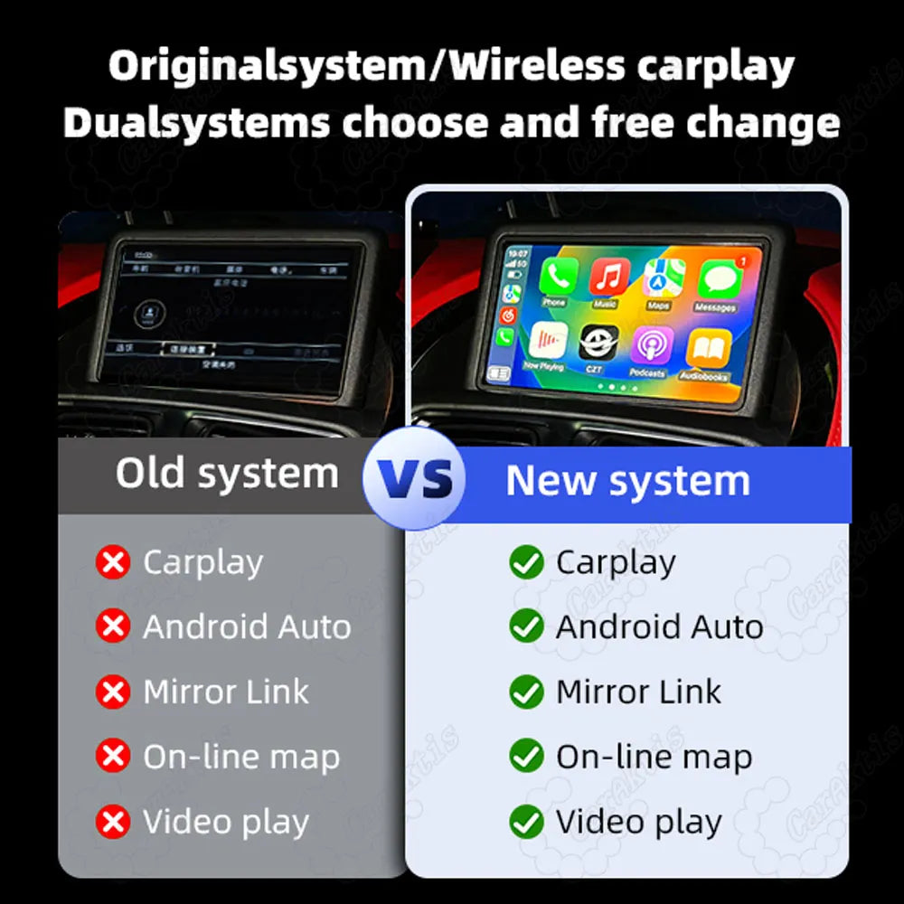 Comparison chart between Aston Martin old system and new wireless CarPlay system, highlighting added features like CarPlay, Android Auto, Mirror Link, online maps, and video playback.