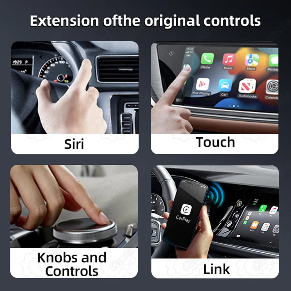 Four control methods for Aston Martin CarPlay module including Siri voice commands, screen touch control, original factory knobs control, and wireless link.