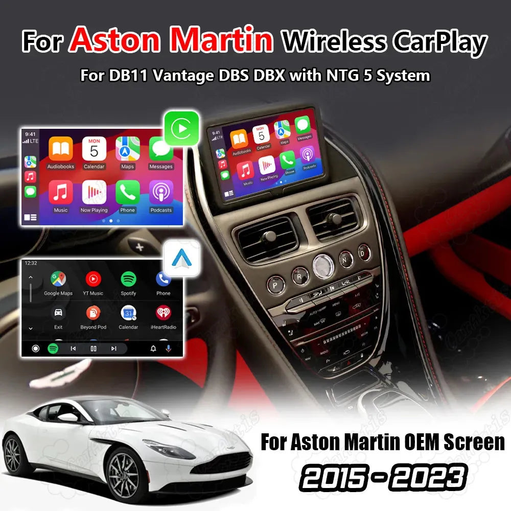 Wireless CarPlay and Android Auto upgrade module for Aston Martin DB11, Vantage, DBS, and DBX (2015-2023) with NTG 5 system, showing OEM screen integration.
