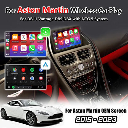 Wireless CarPlay and Android Auto upgrade module for Aston Martin DB11, Vantage, DBS, and DBX (2015-2023) with NTG 5 system, showing OEM screen integration.
