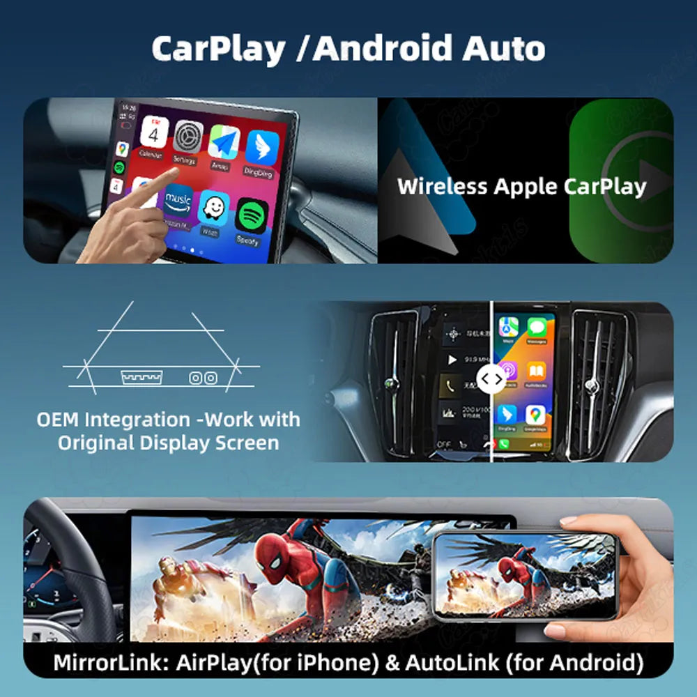 Product feature presentation of Aston Martin OEM integration showing wireless Apple CarPlay, Android Auto, and mobile MirrorLink via AirPlay and AutoLink.