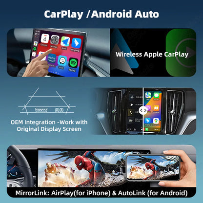 Product feature presentation of Aston Martin OEM integration showing wireless Apple CarPlay, Android Auto, and mobile MirrorLink via AirPlay and AutoLink.