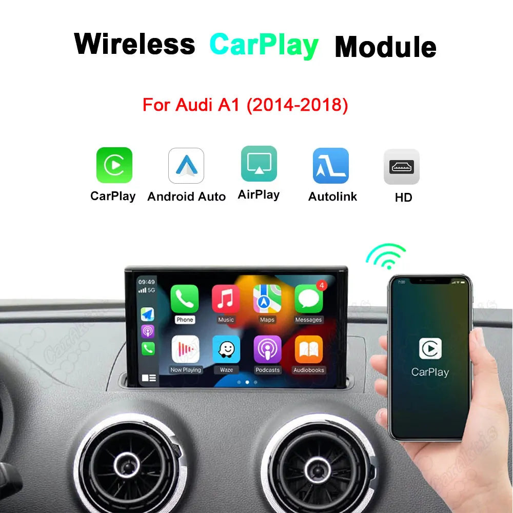 Wireless Apple CarPlay and Android Auto retrofit module for Audi A1 (2014-2018), supporting AirPlay, Autolink, and HD display integration.