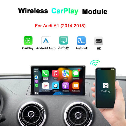 Wireless Apple CarPlay and Android Auto retrofit module for Audi A1 (2014-2018), supporting AirPlay, Autolink, and HD display integration.