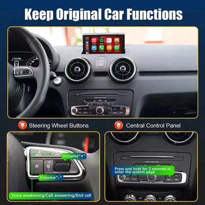Control the CarPlay system using Audi A1 original steering wheel buttons and central MMI knob for seamless operation.