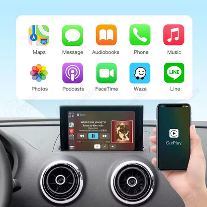 Key features of Audi A1 smartphone interface: Wireless Android Auto, CarPlay, voice control, USB playback, and front/rear camera support.