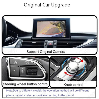 The CarPlay retrofit module perfectly supports the Audi A1 original reverse camera and parking sensor display.