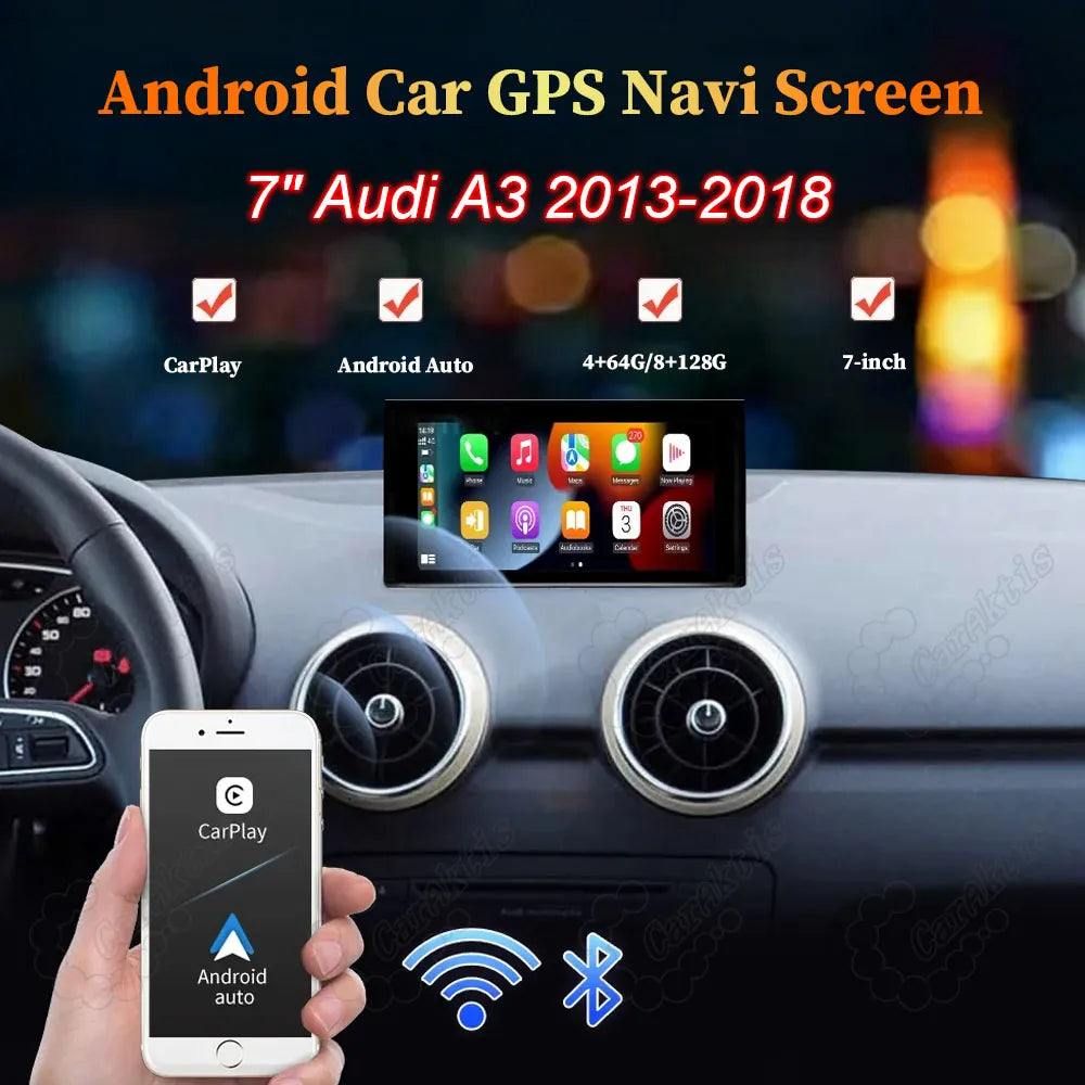 7 inch Android car GPS navigation screen upgrade for Audi A3 2013-2018 with wireless Apple CarPlay and Android Auto support.