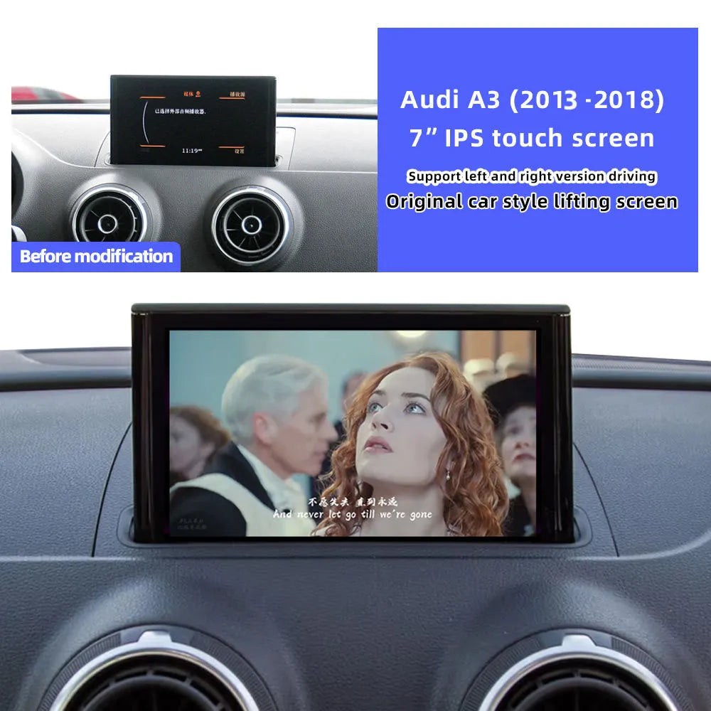 Audi A3 2013-2018 7 inch IPS touch screen showing video playback, supporting original car style lifting screen and left or right hand driving.