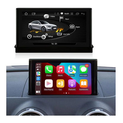 Dual display view of Audi A3 Android multimedia player showing car info interface and Apple CarPlay menu with apps.