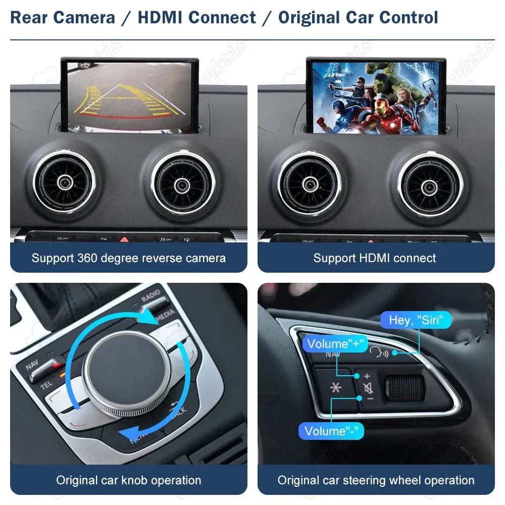 Audi A3 CarPlay interface supporting original MMI knob, steering wheel controls, HDMI, and 360 camera.