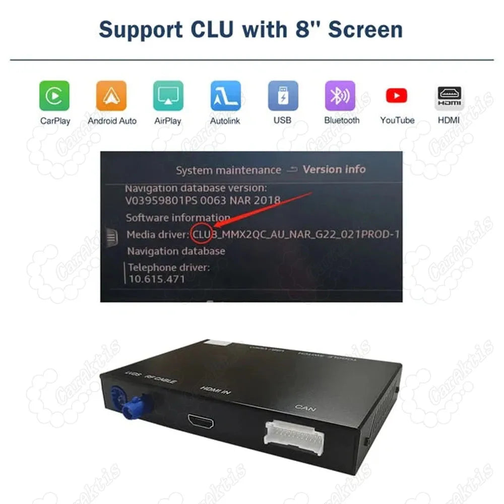 Wireless CarPlay module compatibility for Audi A3 CLU with 8-inch screen and system version info.