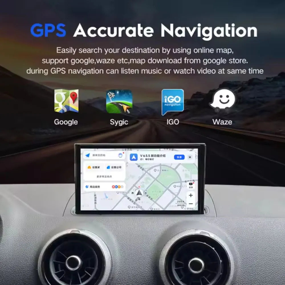 Accurate GPS navigation display on Audi A3 car screen with support for Google Maps, Waze, Sygic, and IGO online apps.